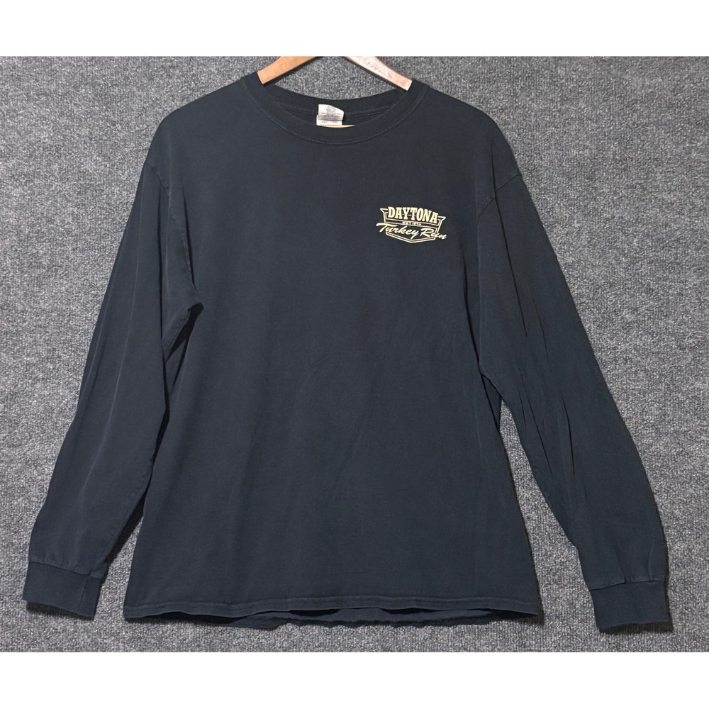 Gildan Men L Long Sleeve T-Shirt Black Daytona Turkey Run Hot Rod Graphic